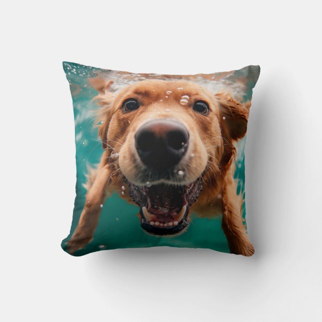 Happy Golden Retriever Swimming Underwater Throw Pillow (Front)