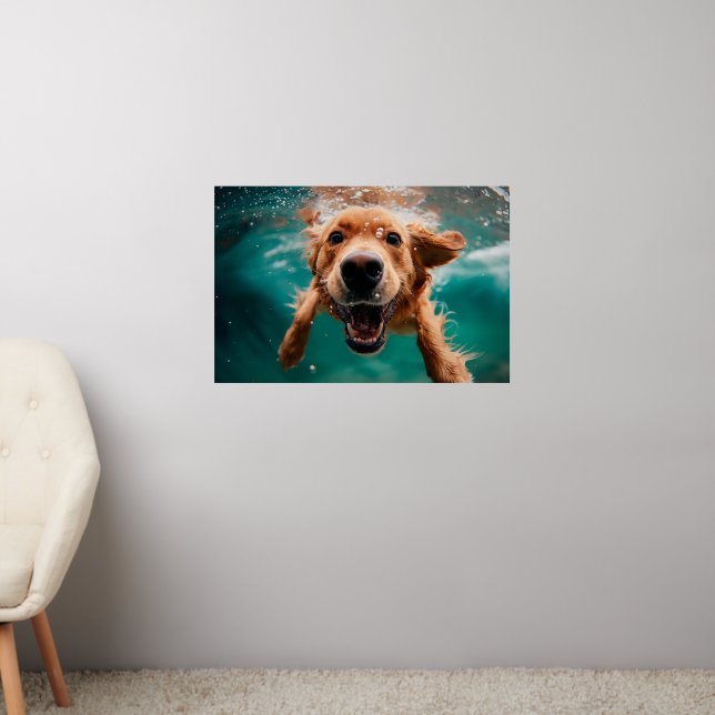 Happy Golden Retriever Swimming Underwater Wall Decal (Living Room 2)