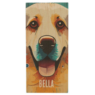 Happy Golden Retriever Wood Flash Drive