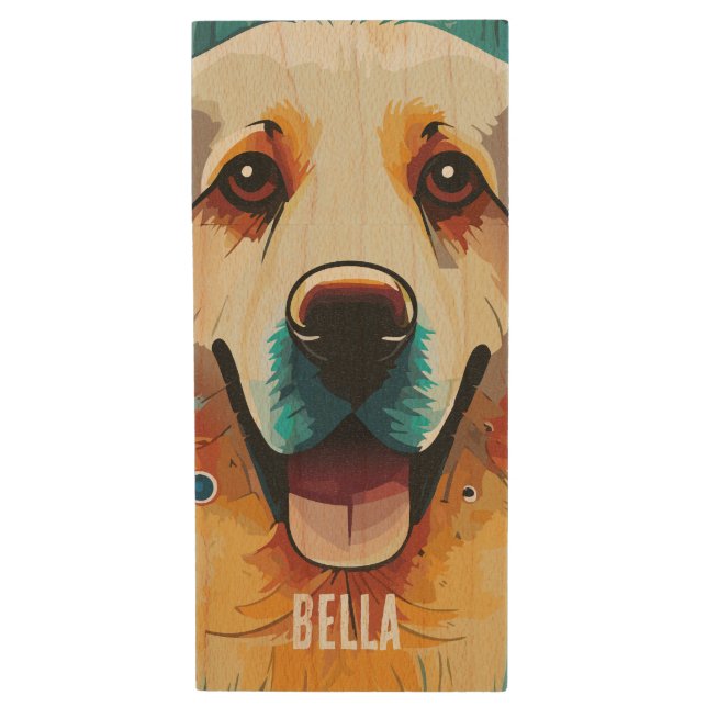 Happy Golden Retriever Wood Flash Drive (Front Vertical)