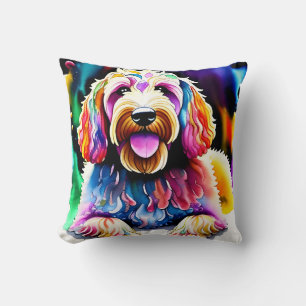 "Happy Goldendoodle Colorful Joyful Doodle Dog Throw Pillow
