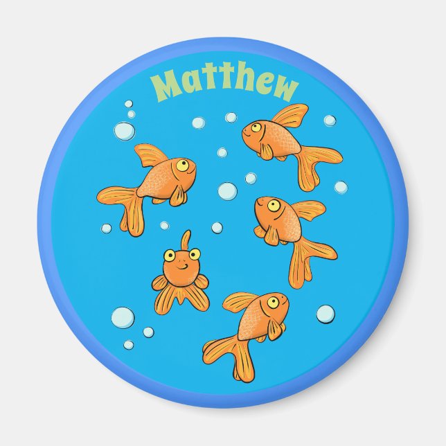 Happy goldfish with blue bubbles cartoon magnet (Front)