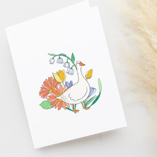 Happy Goose in Flowers Blank Letterpress Thank You Card