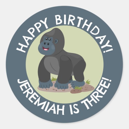 Happy gorilla personalized cartoon birthday  classic round sticker