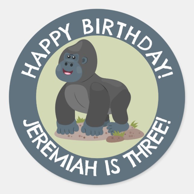 Happy gorilla personalized cartoon birthday  classic round sticker (Front)