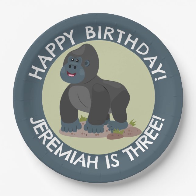 Happy gorilla personalized cartoon birthday  paper plates (Front)