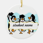 Happy Graduating Dancing Penguins w/Banner Ceramic Ornament
