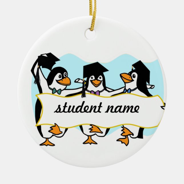 Happy Graduating Dancing Penguins w/Banner Ceramic Ornament (Front)