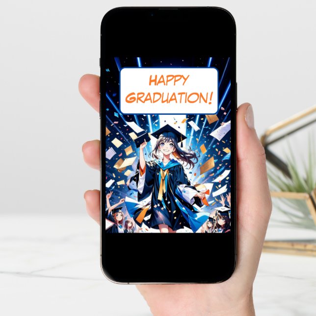 Happy Graduation Anime Girl In Cap And Gown Card (Front Digital)