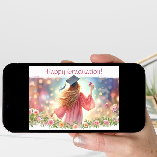Happy Graduation Blond Hair Girl With Flowers Card (Front Digital)