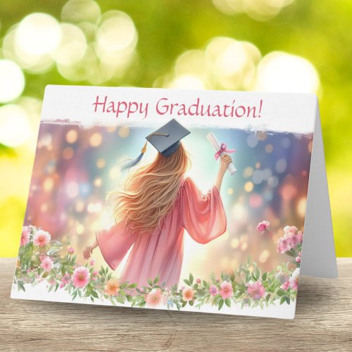 Happy Graduation Blond Hair Girl With Flowers Card