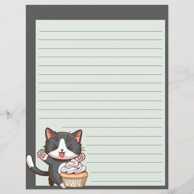 Happy gray cat with cupcake, lined writing paper (Front)