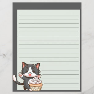 Happy gray cat with cupcake, lined writing paper