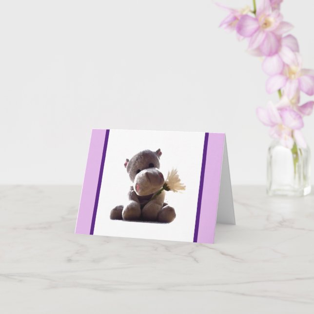 Happy Gray Hippo Holding Daisy, Cute Love Photo Card (Orchid)