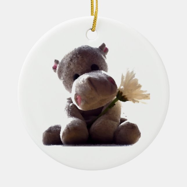 Happy Gray Hippo Holding Daisy, Cute Love Photo Ceramic Ornament (Front)
