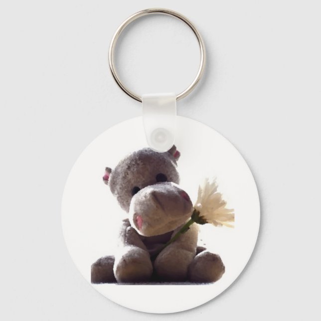 Happy Gray Hippo Holding Daisy, Cute Love Photo Keychain (Front)