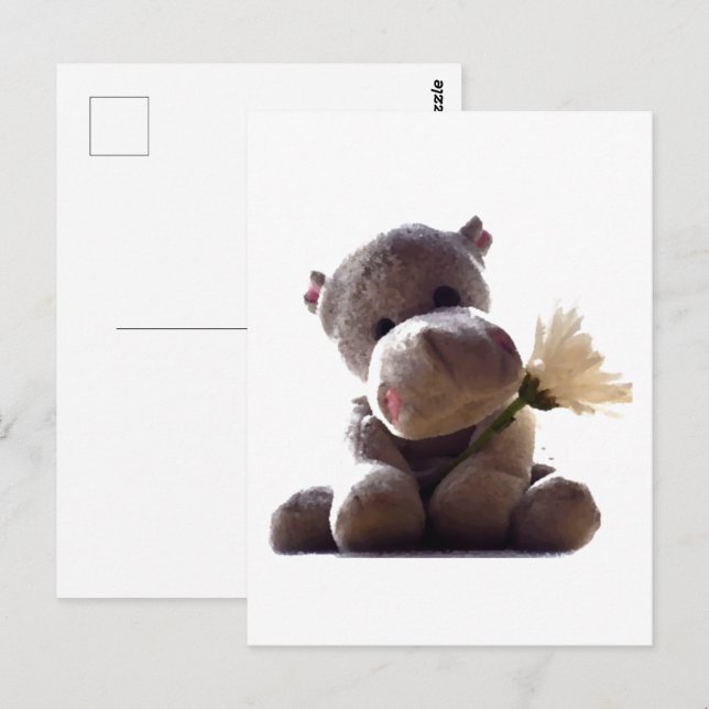 Happy Gray Hippo Holding Daisy, Cute Love Photo Postcard (Front/Back)