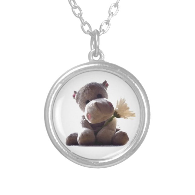 Happy Gray Hippo Holding Daisy, Cute Love Photo Silver Plated Necklace (Front)