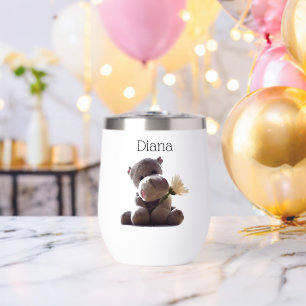Happy Gray Hippo Holding Daisy, Cute Love Photo Thermal Wine Tumbler