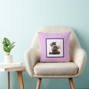 Happy Gray Hippo Holding Daisy, Cute Love Photo Throw Pillow