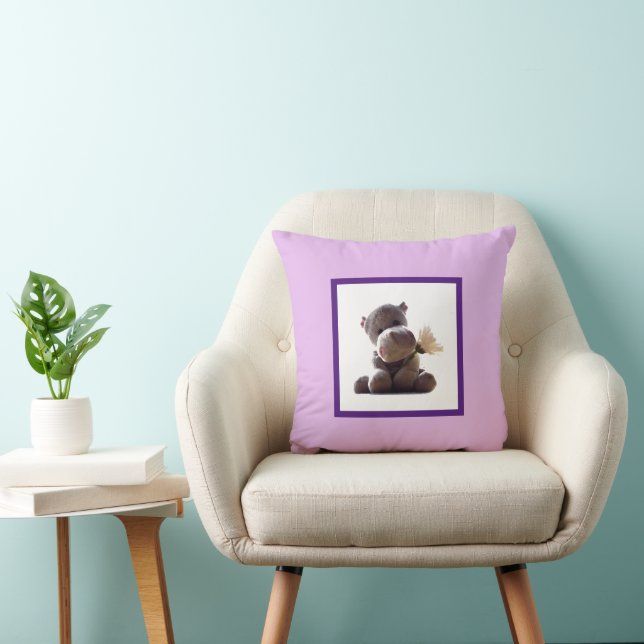 Happy Gray Hippo Holding Daisy, Cute Love Photo Throw Pillow (Chair)