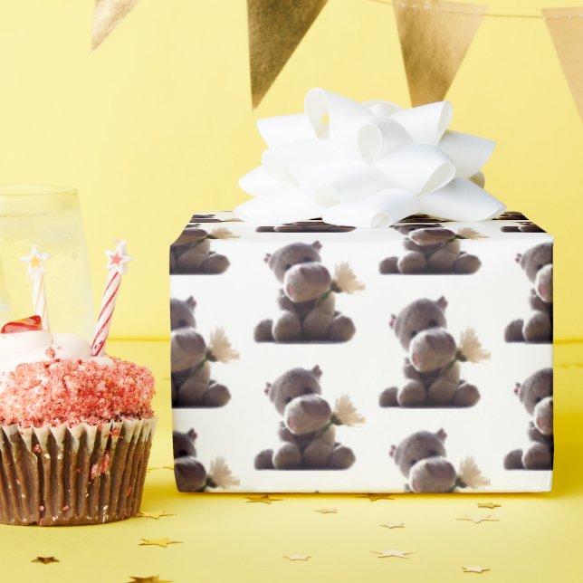 Happy Gray Hippo Holding Daisy, Cute Love Photo Wrapping Paper (Birthday Party)