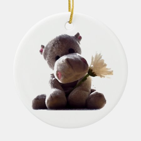Happy Gray Hippo With Daisy Drawing Photograph Ceramic Ornament
