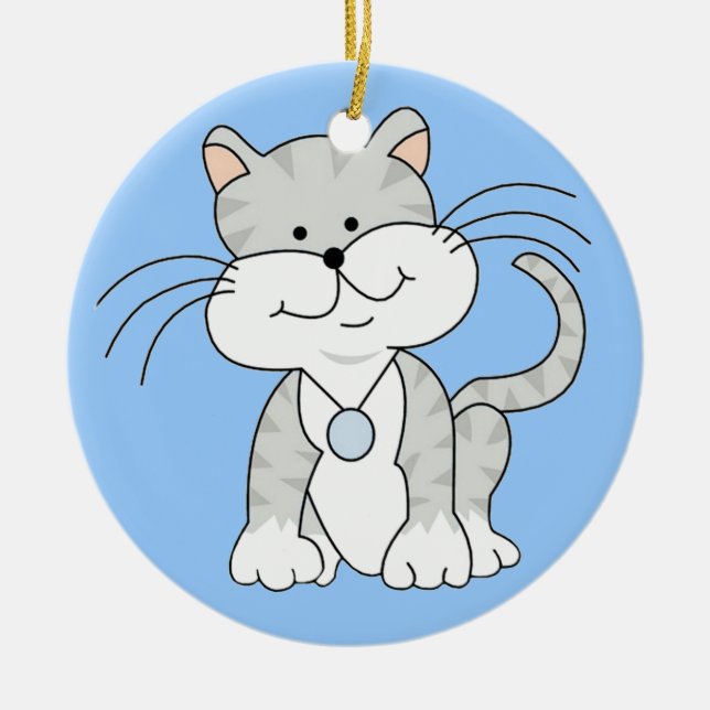 Happy Gray Kitty Ceramic Ornament (Front)