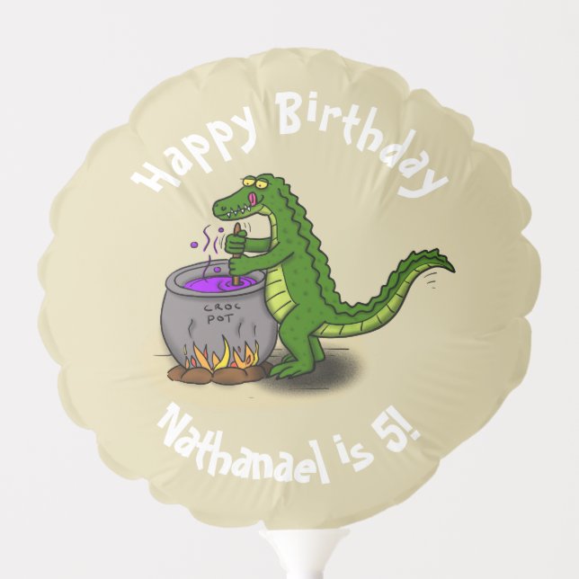 Happy green alligator cooking dinner cartoon balloon (Front)
