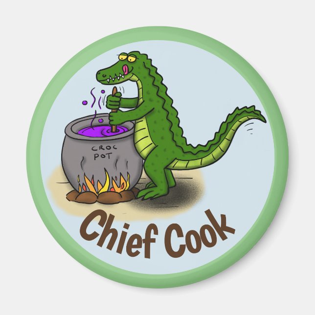 Happy green alligator cooking dinner cartoon magnet (Front)