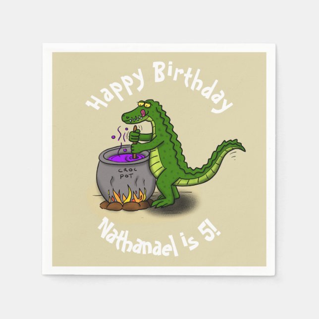 Happy green alligator cooking dinner cartoon napkins (Front)