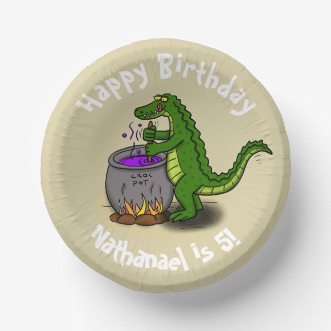Happy green alligator cooking dinner cartoon paper bowls (Front)