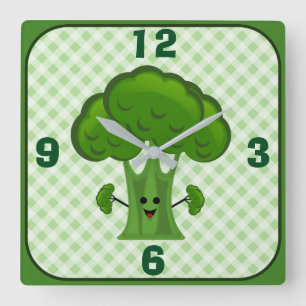 Happy Green Broccoli Square Wall Clock