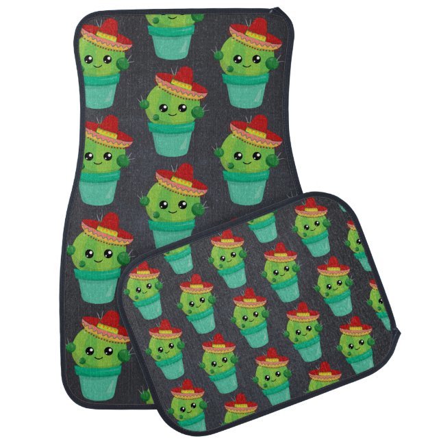 Happy Green Cactus in a Red Sombrero Pattern Car Floor Mat (Set)