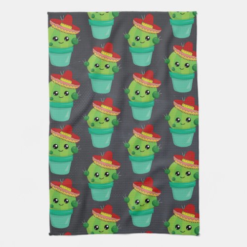 Happy Green Cactus in a Red Sombrero Pattern Kitchen Towel