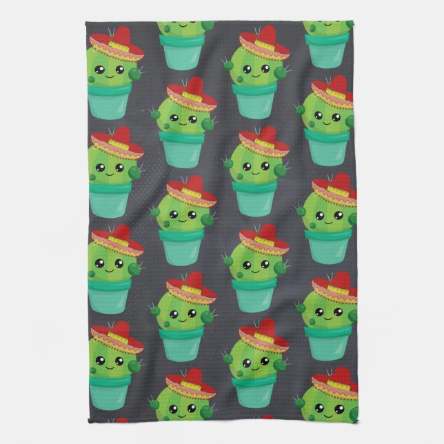 Happy Green Cactus in a Red Sombrero Pattern Kitchen Towel (Vertical)