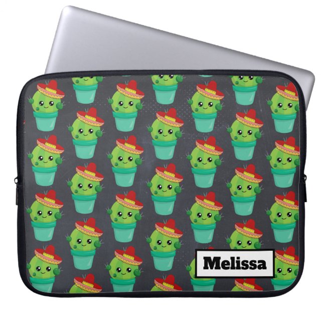 Happy Green Cactus in a Red Sombrero Pattern Laptop Sleeve (Front)