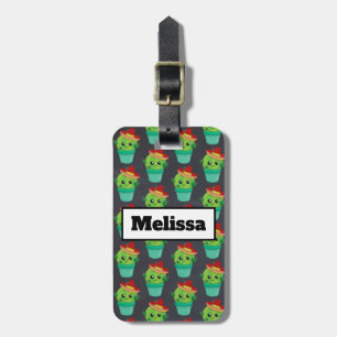 Happy Green Cactus in a Red Sombrero Pattern Luggage Tag
