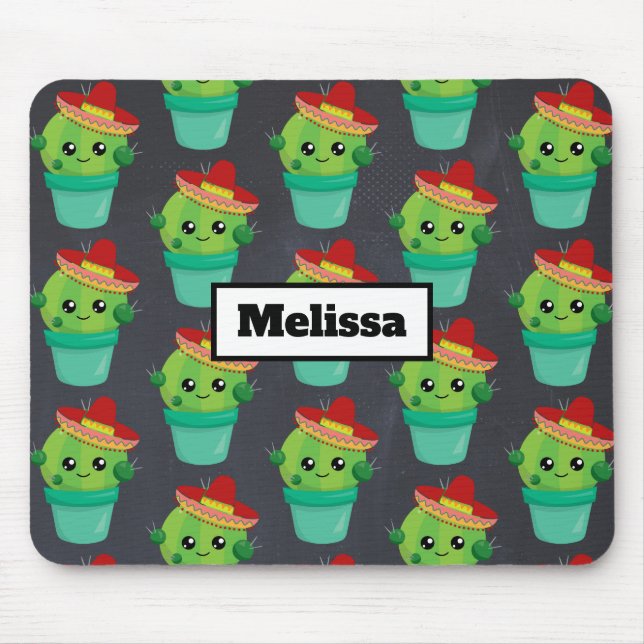 Happy Green Cactus in a Red Sombrero Pattern Mouse Pad (Front)
