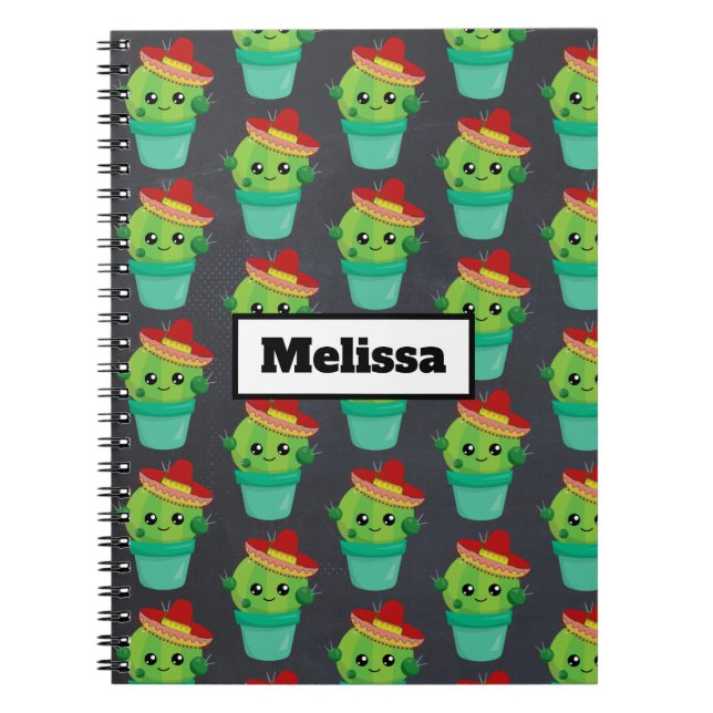 Happy Green Cactus in a Red Sombrero Pattern Notebook (Front)