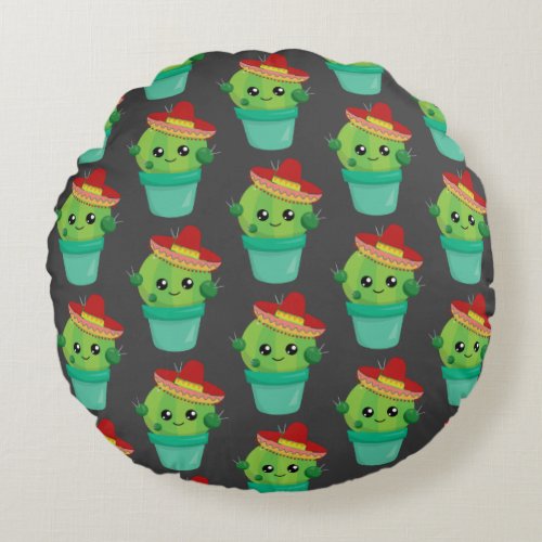 Happy Green Cactus in a Red Sombrero Pattern Round Pillow