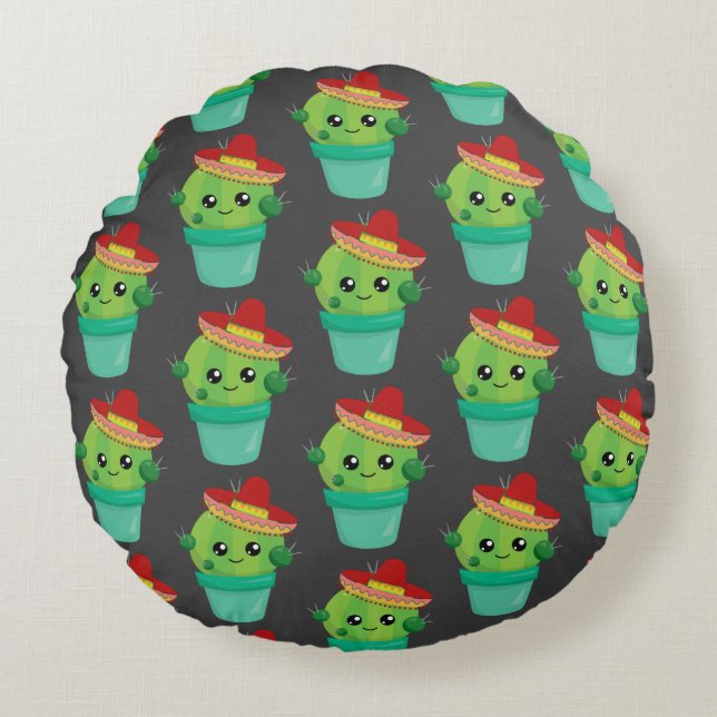 Happy Green Cactus in a Red Sombrero Pattern Round Pillow (Front)