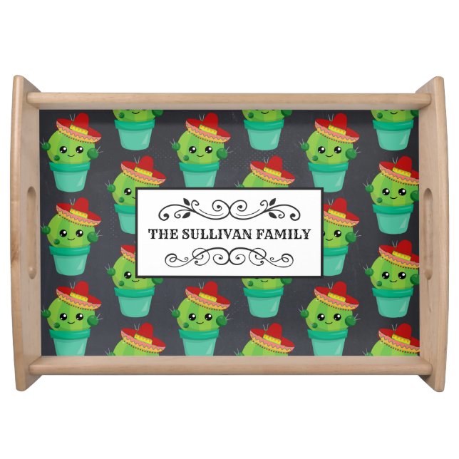 Happy Green Cactus in a Red Sombrero Pattern Serving Tray (Front)
