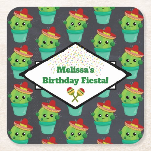 Happy Green Cactus in a Red Sombrero Pattern Square Paper Coaster