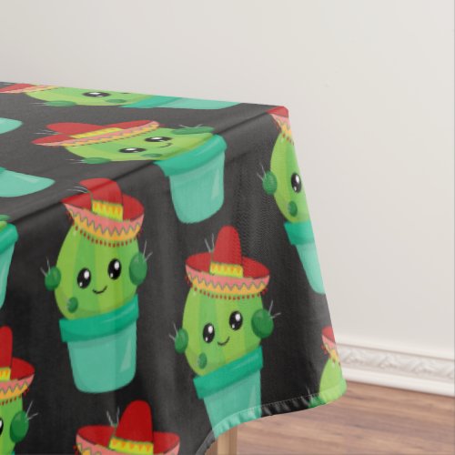 Happy Green Cactus in a Red Sombrero Pattern Tablecloth