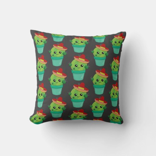 Happy Green Cactus in a Red Sombrero Pattern Throw Pillow