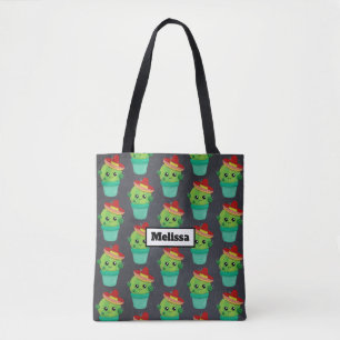 Happy Green Cactus in a Red Sombrero Pattern Tote Bag