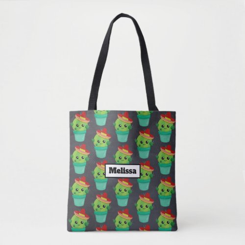 Happy Green Cactus in a Red Sombrero Pattern Tote Bag