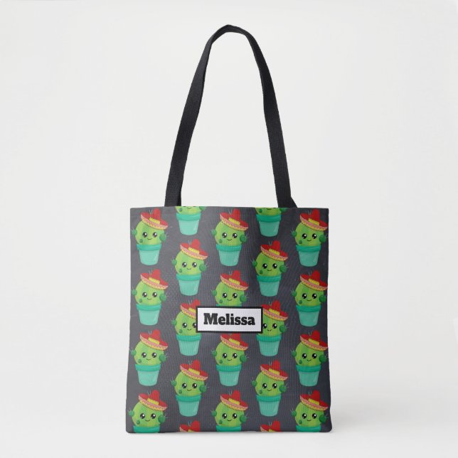 Happy Green Cactus in a Red Sombrero Pattern Tote Bag (Front)