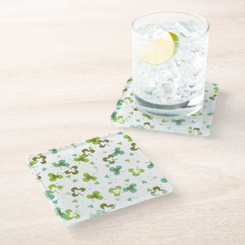 Happy Green Clover Leaves Art Pattern Glass Coaster